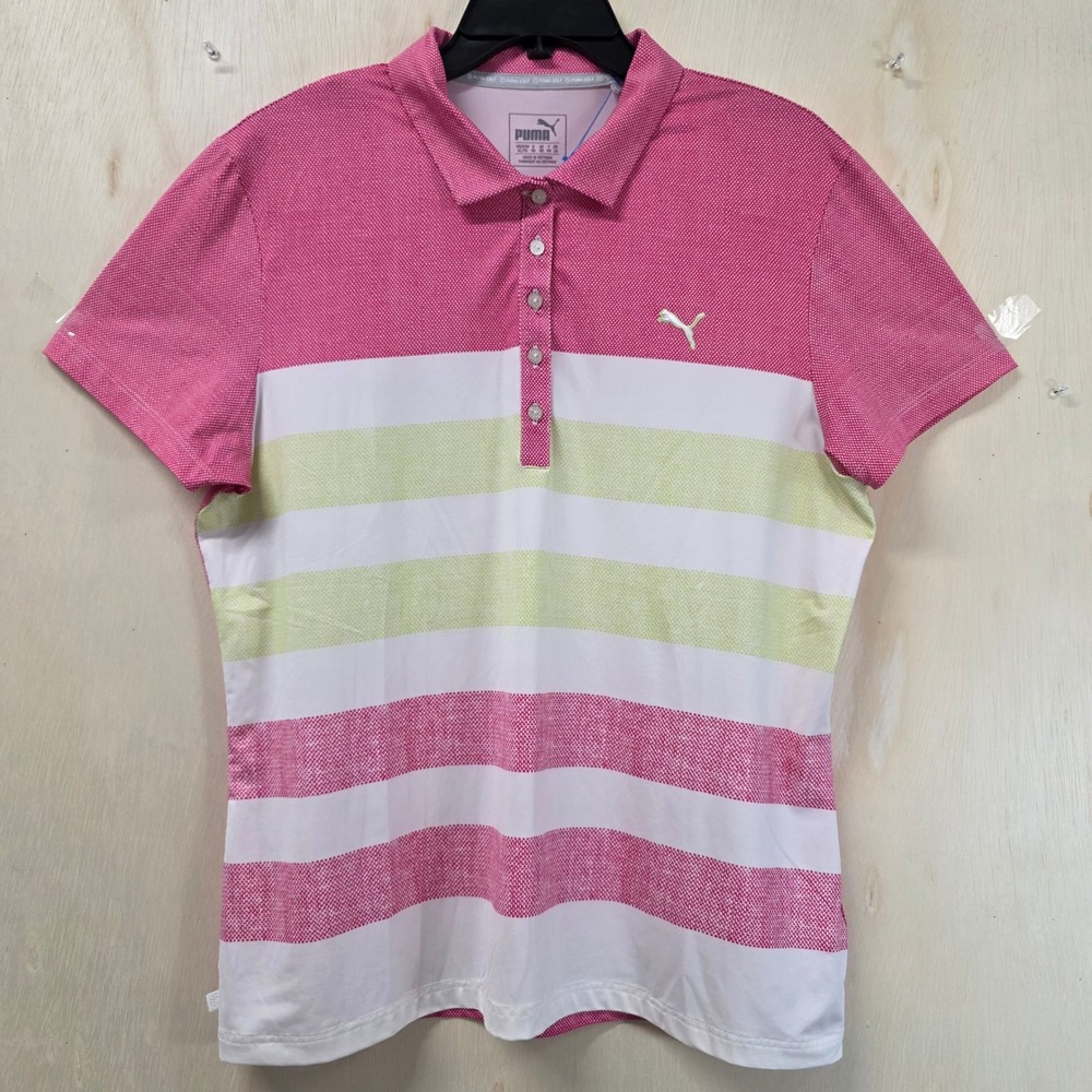 Puma Golf Womens XL Pink Green Striped dryCELL Short Sleeve Polo Shirt 571618
